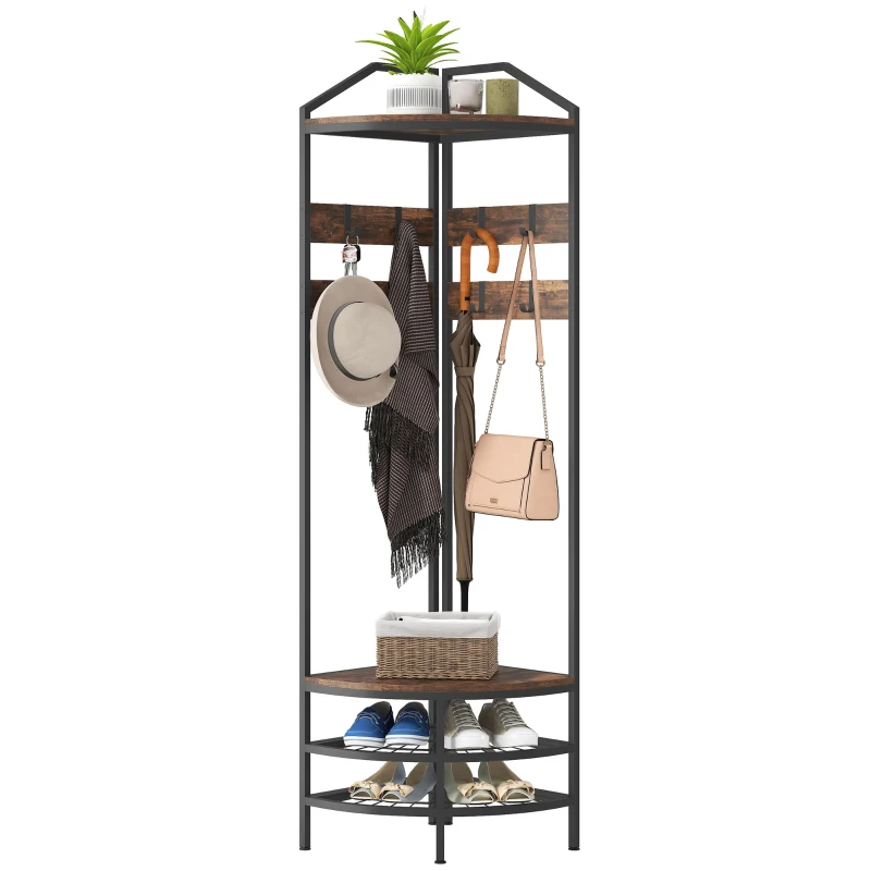 HOMCOM Mobilier de intrare de colț, vestiar cu 4 niveluri, depozitare pentru încălțăminte, 8 cârlige mobile, 2 rafturi, maro rustic