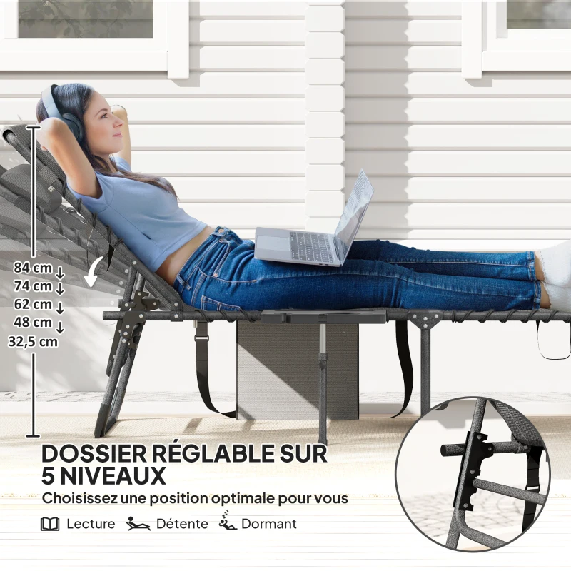 Outsunny Bain de soleil pliante dossier réglable sur 5 niveaux, plateau, appuie-tête, poche latérale 60x190x31cm, gris