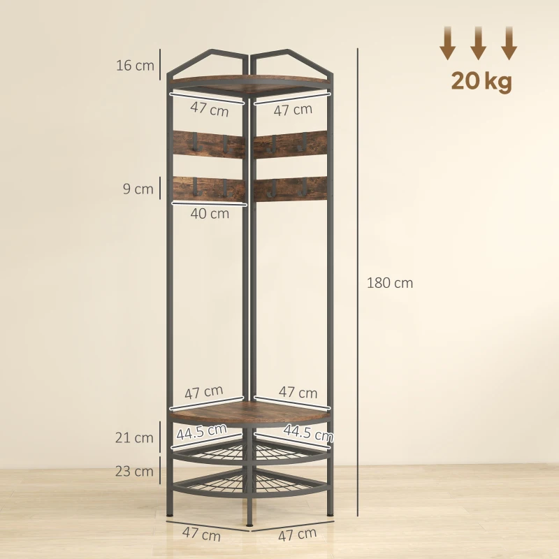 HOMCOM Mobilier de intrare de colț, vestiar cu 4 niveluri, depozitare pentru încălțăminte, 8 cârlige mobile, 2 rafturi, maro rustic