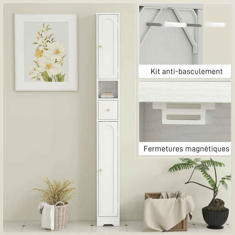 HOMCOM Meuble colonne salle de bain, meuble de rangement, 2 portes, tiroir, compartiment ouvert, étagère réglable, blanc