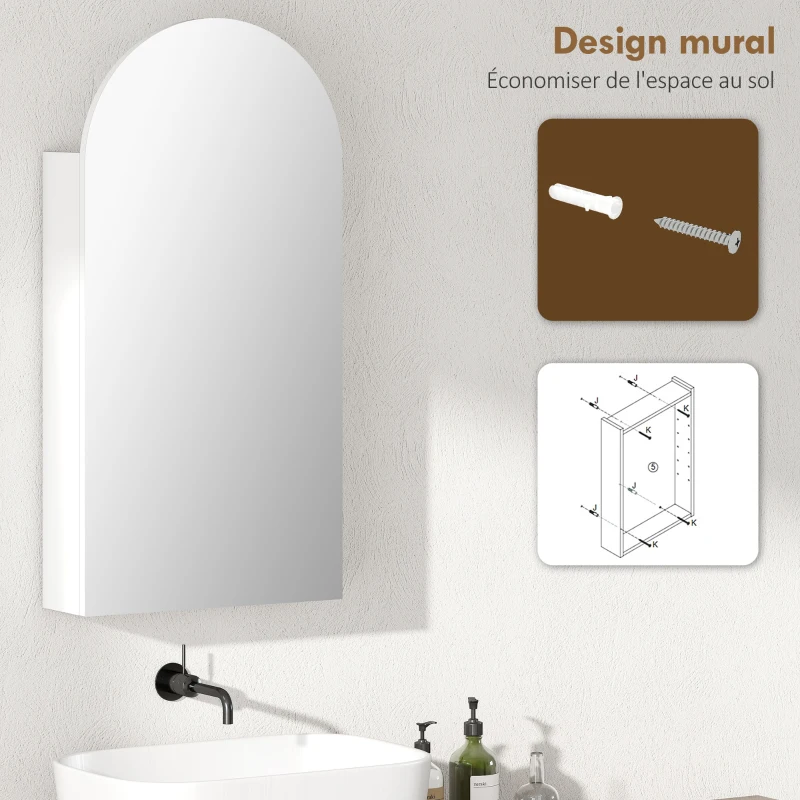 HOMCOM Armoire murale salle de bain avec miroir, meuble salle de bain sans cadre en arche et étagères en verre réglables, blanc