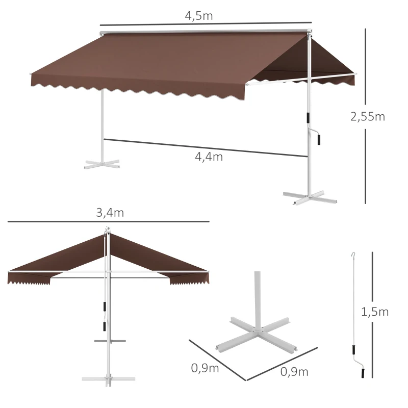 Outsunny Vrijstaande markies 4,5x3,4m, kantelbaar, slinger, metalen frame, bruin