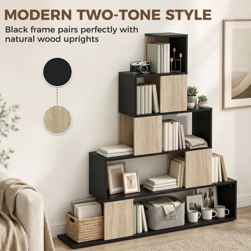 HOMCOM Étagère de rangement, bibliothèque géométrique à 5 niveaux, pour bureau, salon, chambre, noir et bois naturel