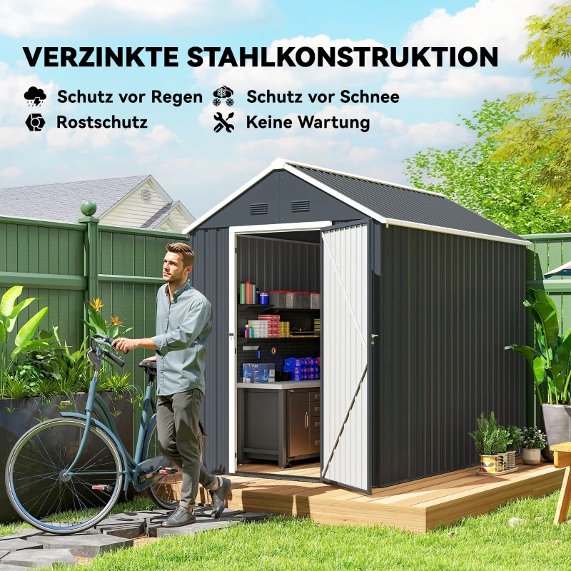 Outsunny Tuinhuis, metalen opbergschuur, dubbele deur, raam, 259x172x222 cm, grijs/wit(m-4)
