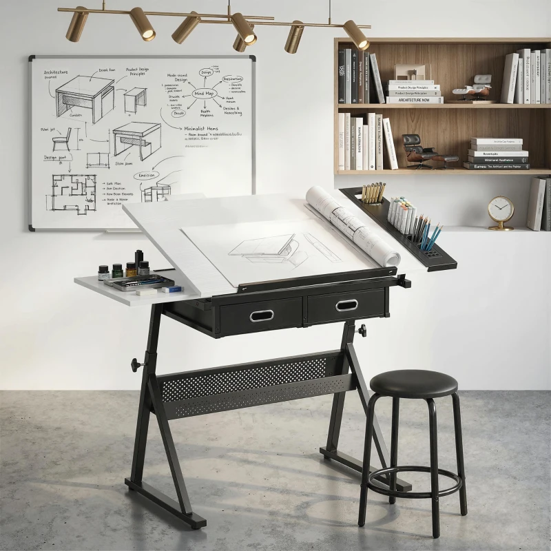 HOMCOM Verstelbare Tekentafel, Werktafel met Kruk en Lades, Wit