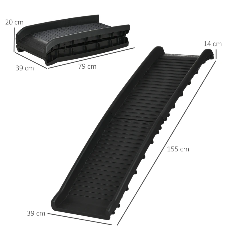 PawHut hondenhelling, hondenhelling voor auto's, opvouwbaar, antislippad, plastic, zwart, 155 x 39 x 14 cm