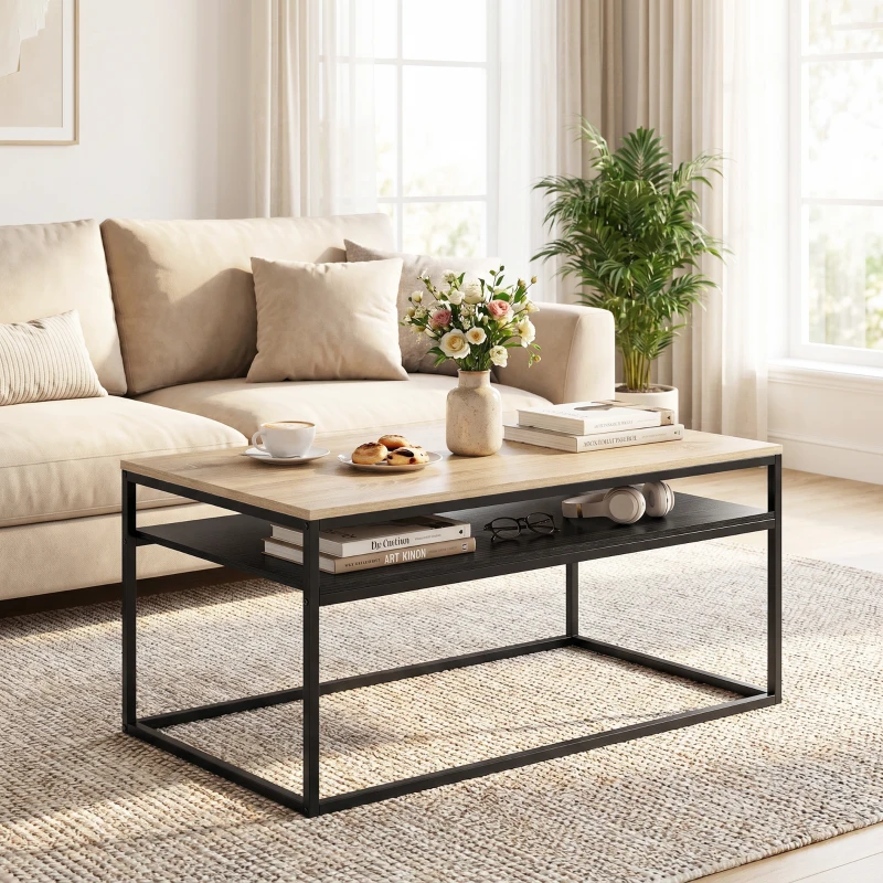 HOMCOM Salontafel met Opbergruimte, modern industrieel, 2 planken & verstelbare poten, eiken