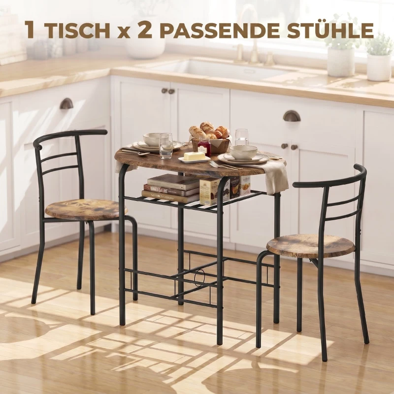 HOMCOM Eettafelset 3-delig, keukentafel met stoelen voor 2 personen en opbergrek, woonkamer rustiek bruin