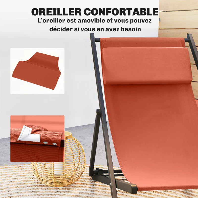 Outsunny Lot de 2 bain de soleil, chaise longue pliante avec appuie-tête en textilène inclinable 60 x 100 x 85 cm, rouge brique