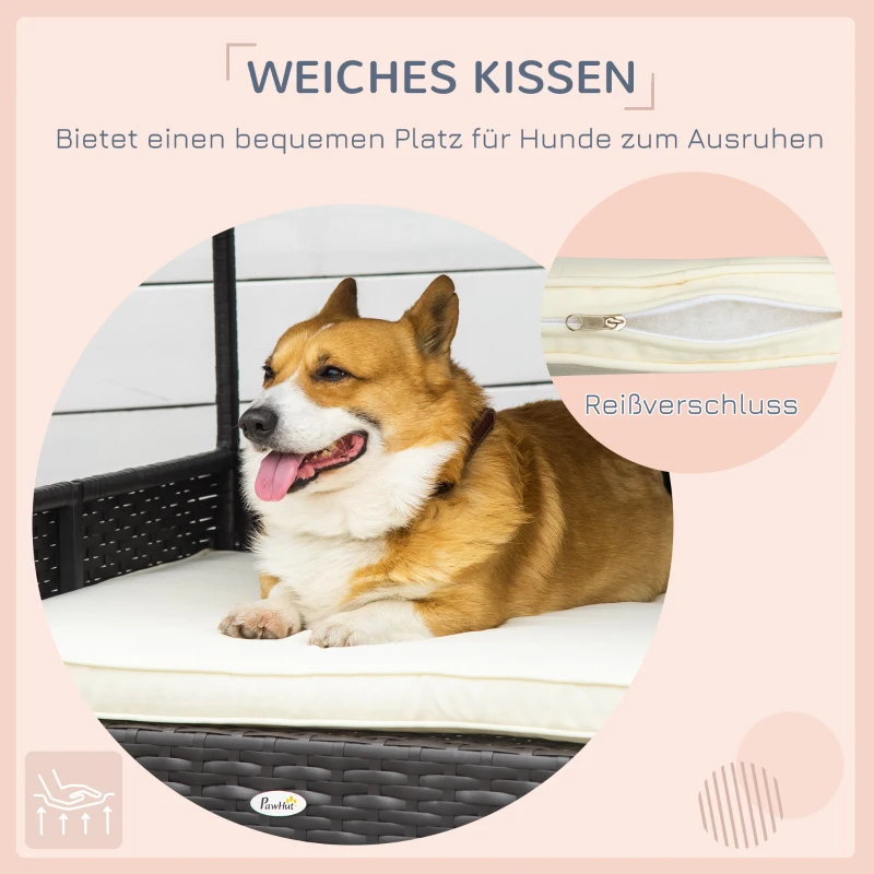 PawHut Rotan hondenhok hondenbed met kussen in de vorm van een huis hondenhok voor buiten stalen frame PP(m-8)
