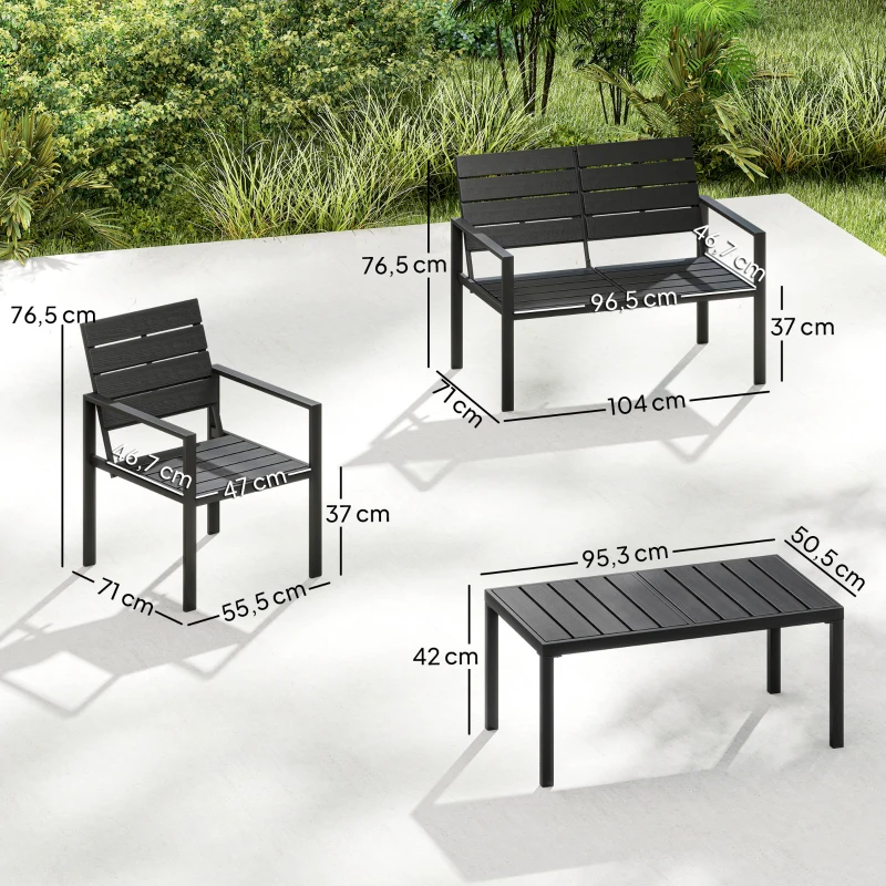 Outsunny Salon de jardin extérieur 4 pièces canapé 2 places, 2 chaises et table basse, mobilier de jardin terrasse veranda, noir