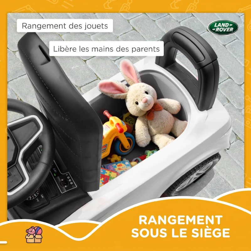 AIYAPLAY Porteur enfants voiture sous licence Land Rover, véhicule à pousser, klaxon, sons de moteur, rangement sous siège, blanc