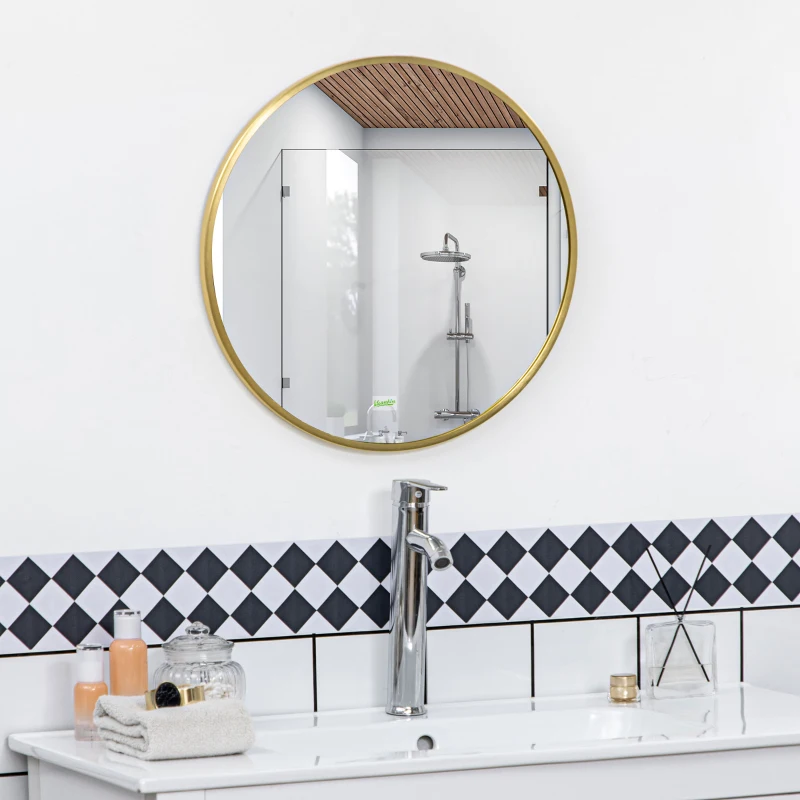 kleankin Ronde wandspiegel voor badkamer, slaapkamer, gang, metalen frame, kleur: Gold, Ø50 cm