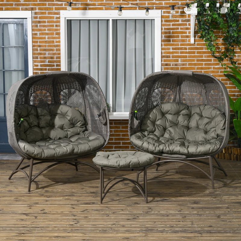 Outsunny Tuinmeubelset, 2 rieten stoelen met bijzettafel, inklapbaar, zitkussens, metalen frame, kleur: zand
