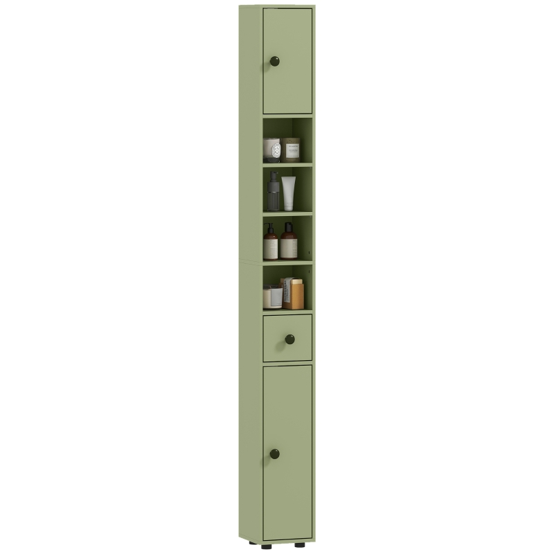kleankin Colonne de rangement armoire haute pour salle de bain 1 tiroir 4 étagères réglables et 2 placards 20 x 20 x 180 cm vert