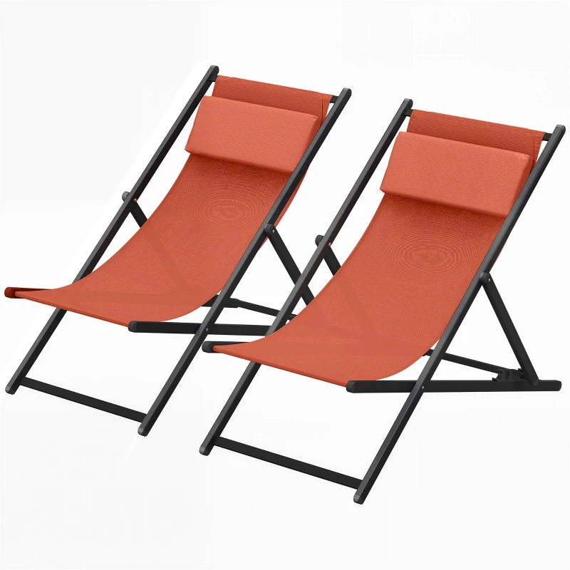 Outsunny Lot de 2 bain de soleil, chaise longue pliante avec appuie-tête en textilène inclinable 60 x 100 x 85 cm, rouge brique
