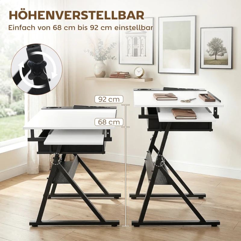 HOMCOM Verstelbare Tekentafel, Werktafel met Kruk en Lades, Wit