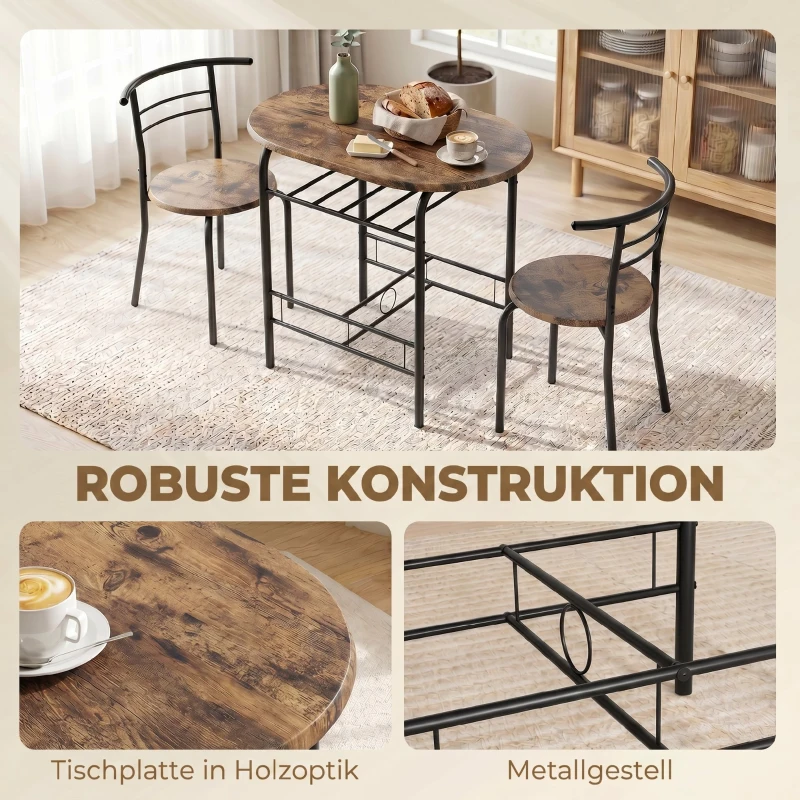 HOMCOM Eettafelset 3-delig, keukentafel met stoelen voor 2 personen en opbergrek, woonkamer rustiek bruin