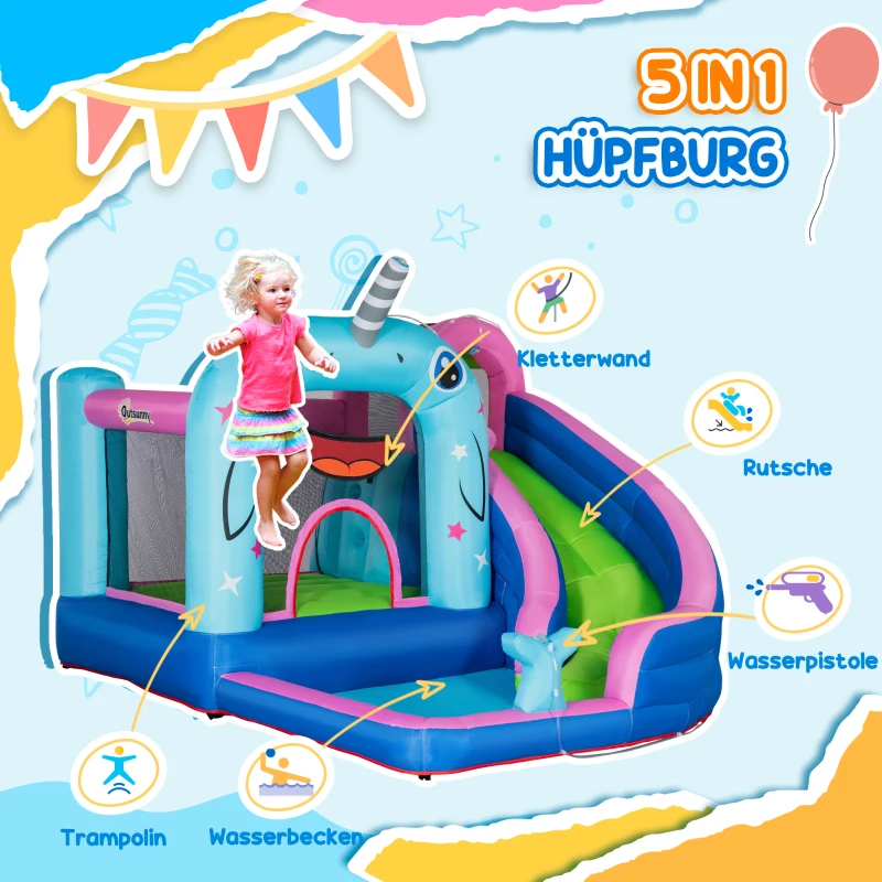 Outsunny opblaasbaar springkasteel met glijbaan, springkussen, waterbassin, waterstralen, 330 x 280 x 200 cm