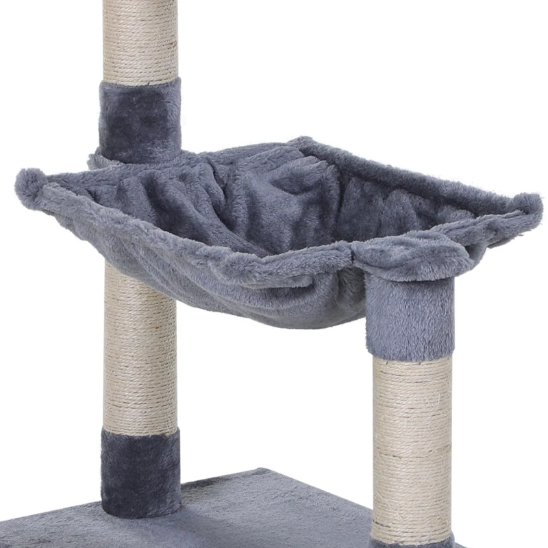 PawHut Kattenboom 3 verdiepingen krabpaal kattenbed met hangmat sisal paal pluche grijs(m-12)