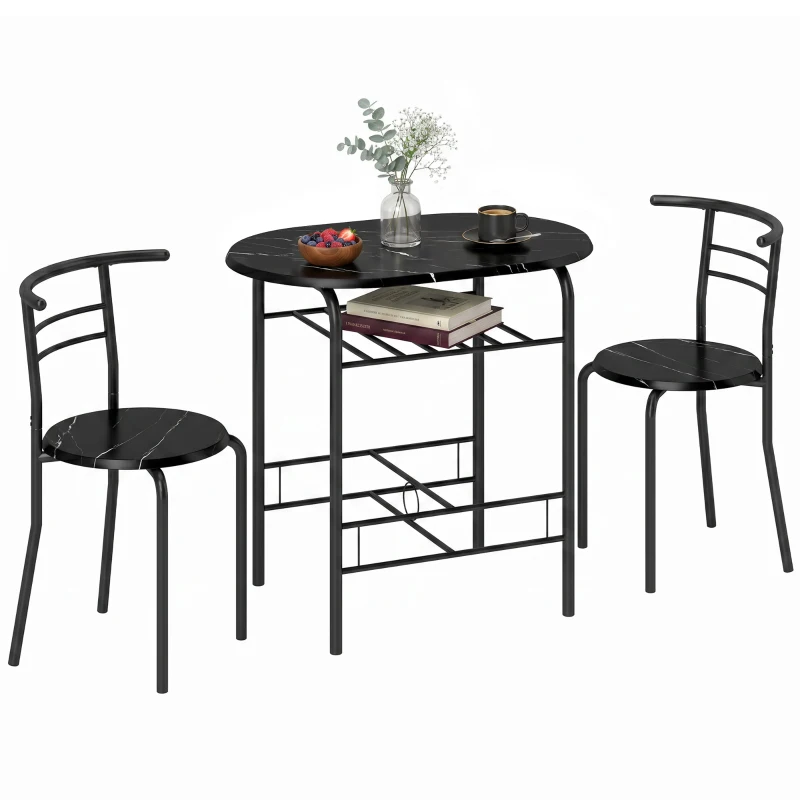 HOMCOM Eetset 3-delig, keukentafel en stoelen voor 2 personen met rek, woonkamer, zwarte marmerlook