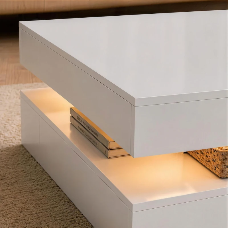 HOMCOM LED-salontafel met opbergruimte, 2-laags modern tafelontwerp met open plank en afstandsbediening, hoogglans wit