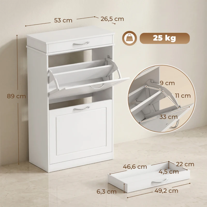 HOMCOM Sapateira 8 pares, armário de sapatos estreito com gaveta e 2 portas basculantes e prateleira ajustável, branco