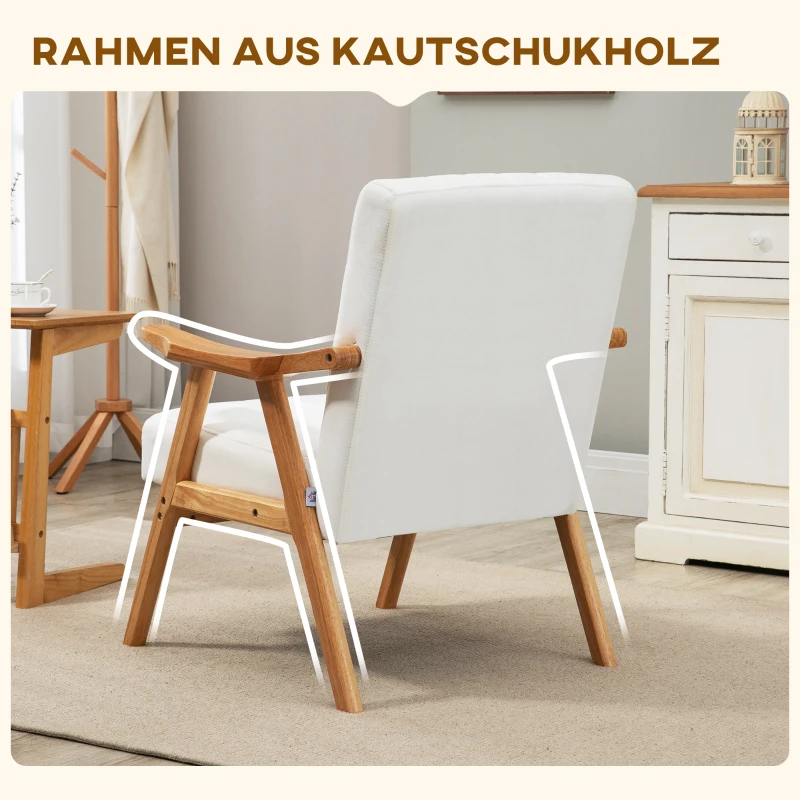 HOMCOM Gestoffeerde stoel in Skandi-design, fluweellook, massief houten frame, 68 x 74 x 82cm, Naturel+Crème