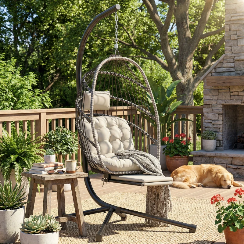 Outsunny Fauteuil suspendu avec support, chaise suspendue pliante avec repose-pieds rétractable, gris clair