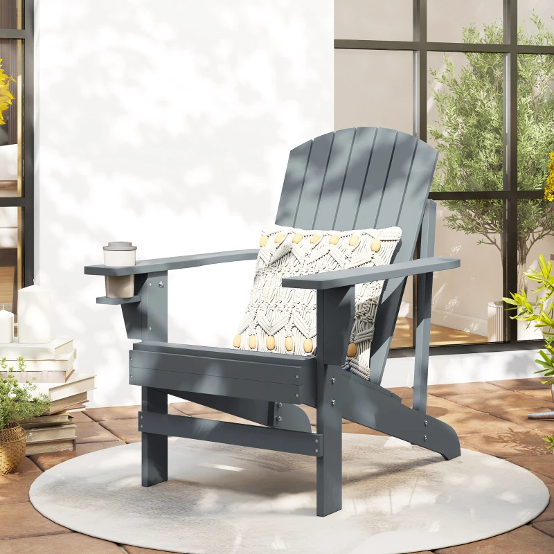 Outsunny Fauteuil de Jardin Adirondack Grand Confort, Porte-Gobelet Intégré, Bois de Sapin Traité Peint, 72x95x93cm, Gris Foncé