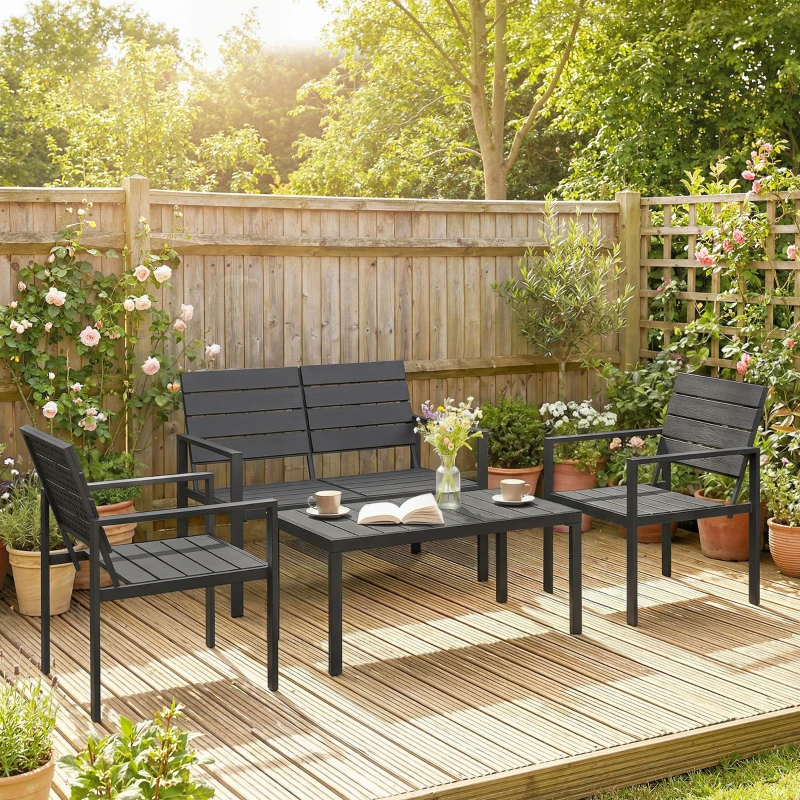 Outsunny Salon de jardin extérieur 4 pièces canapé 2 places, 2 chaises et table basse, mobilier de jardin terrasse veranda, noir