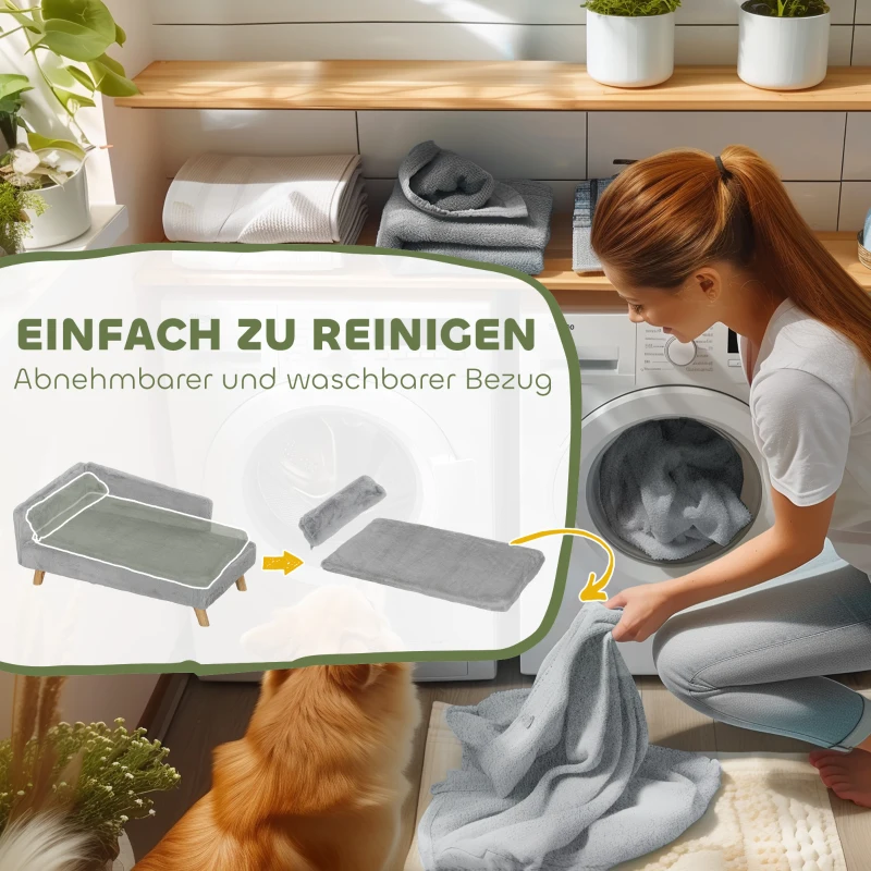 PawHut Hundebett, Hundesofa, waschbarer Plüschbezug, bis 20 kg, 80 x 50 x 40 cm, Hellgrau(m-5)