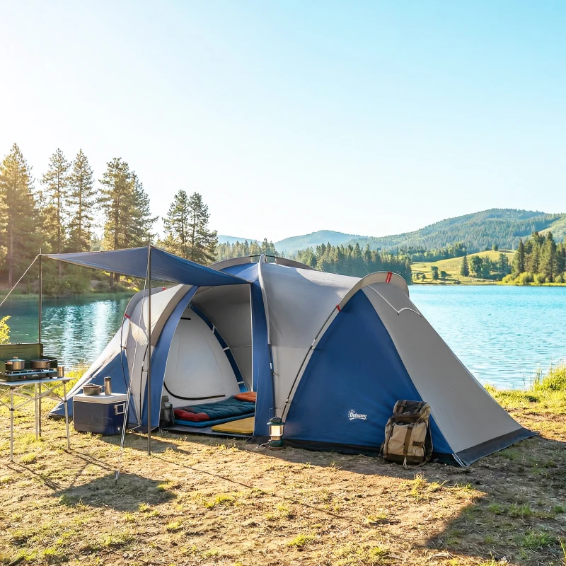 Outsunny Tente de Camping Double Couche Tunnel Familiale 4-5 Personnes 2 Chambres et Séjour pour 12 Personnes Bleu