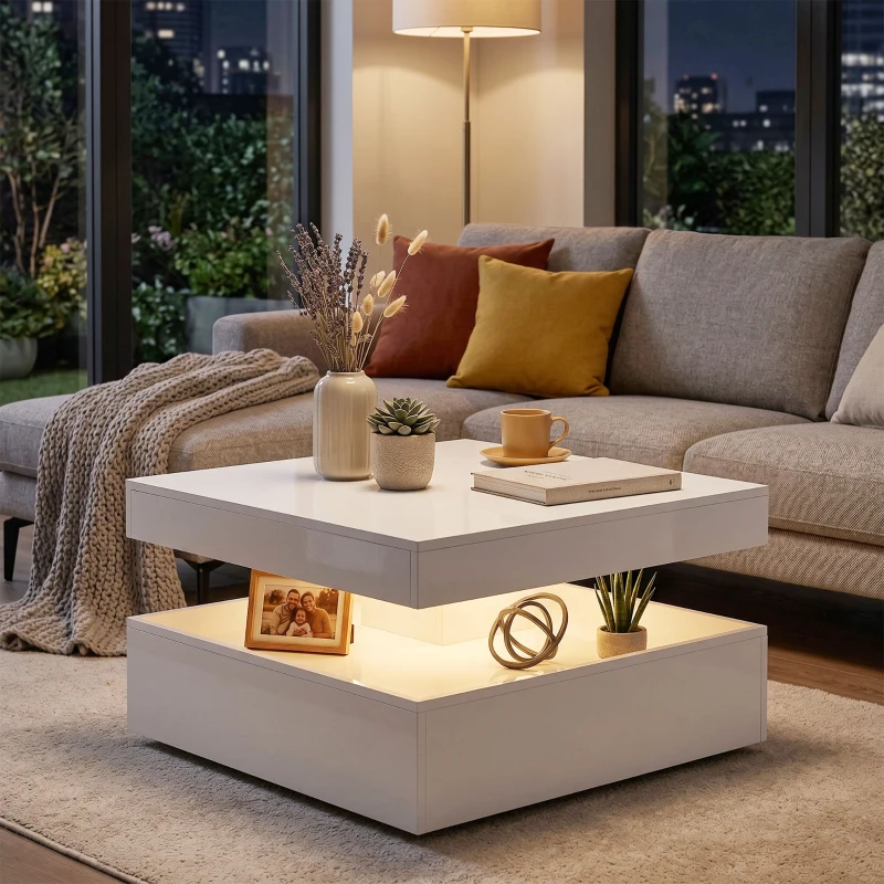 HOMCOM LED-salontafel met opbergruimte, 2-laags modern tafelontwerp met open plank en afstandsbediening, hoogglans wit