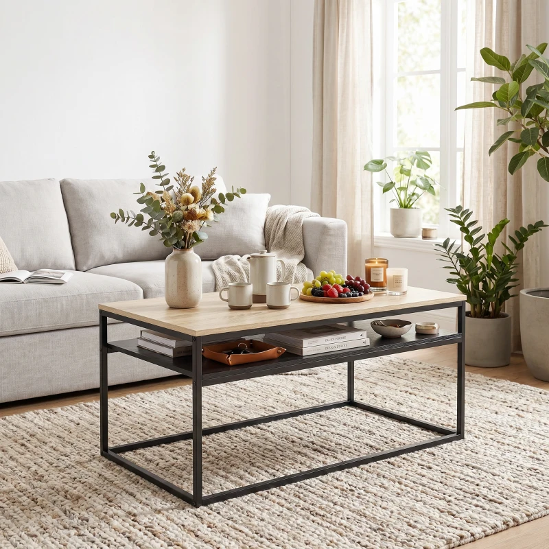 HOMCOM Salontafel met Opbergruimte, modern industrieel, 2 planken & verstelbare poten, eiken