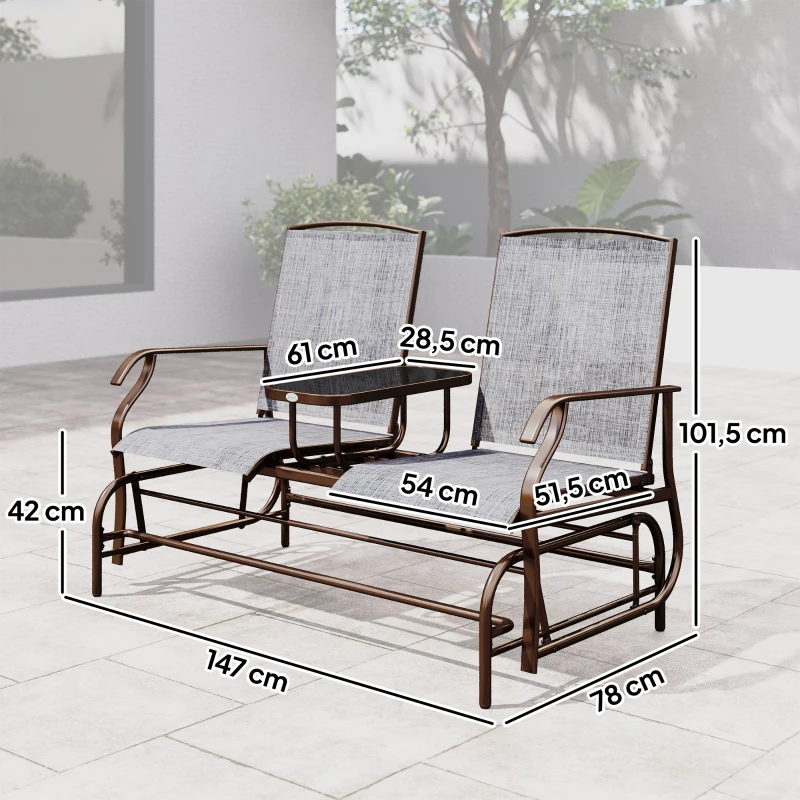 Outsunny Metaal tuinbank schommelstoel tuinstoel 2-zits met tafel schommel bruin