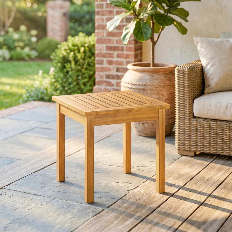 Outsunny Table Basse de Jardin Carrée en Bois d'acacia Massif, avec Plateau à Lattes, Pieds Réglables, 48x48x46cm, Naturel