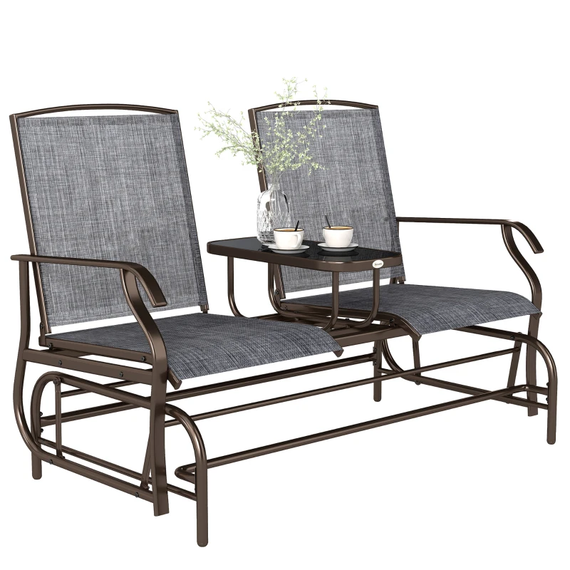Outsunny Metaal tuinbank schommelstoel tuinstoel 2-zits met tafel schommel bruin