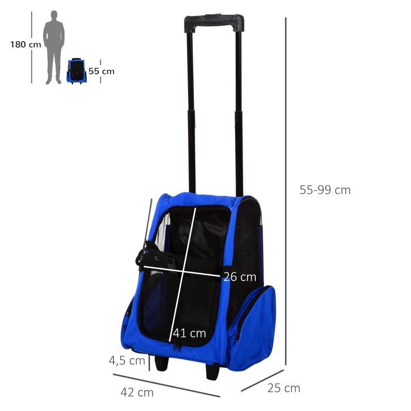 PawHut Hondentrolley transporttas draagtas dieren 2-in-1 rugzak trolley blauw