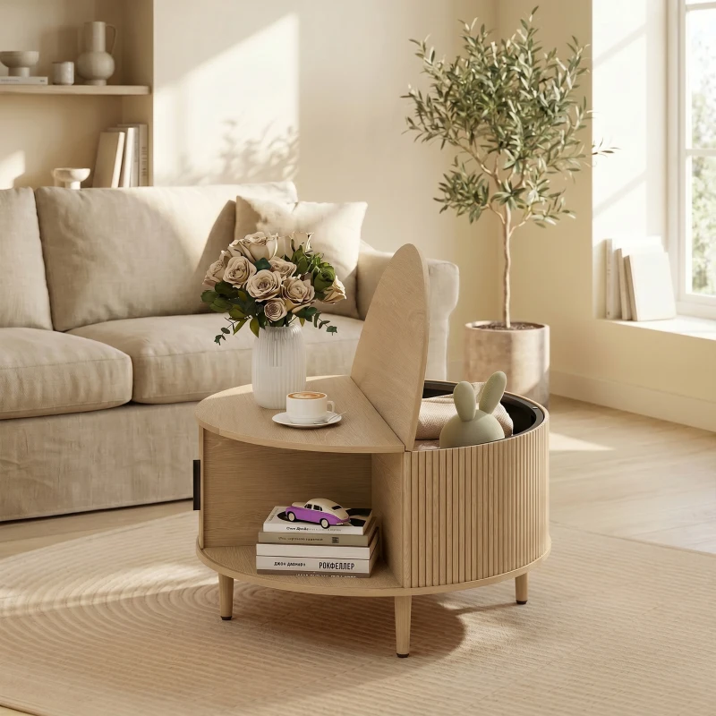 HOMCOM Tavolino Rotondo 80 cm con Piano Ribaltabile e Contenitore Nascosto, Legno Naturale