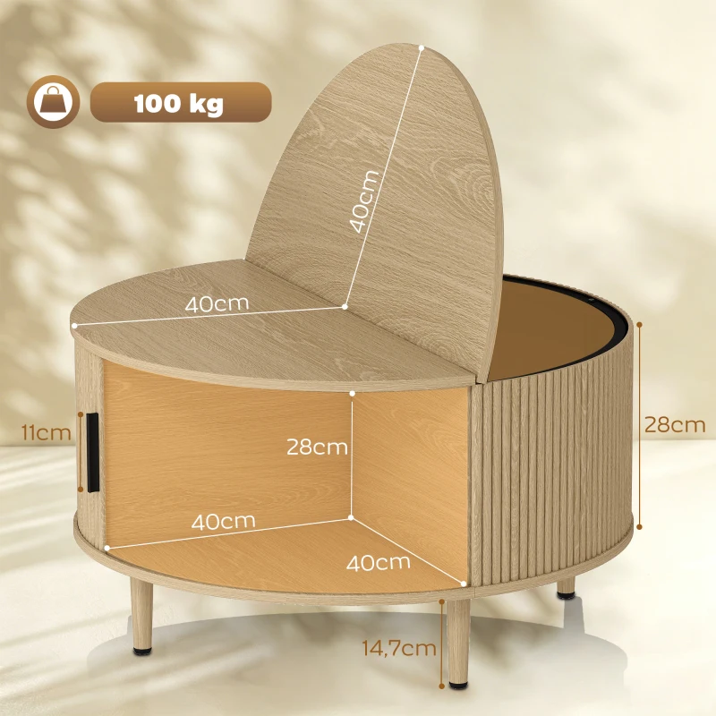 HOMCOM Tavolino Rotondo 80 cm con Piano Ribaltabile e Contenitore Nascosto, Legno Naturale