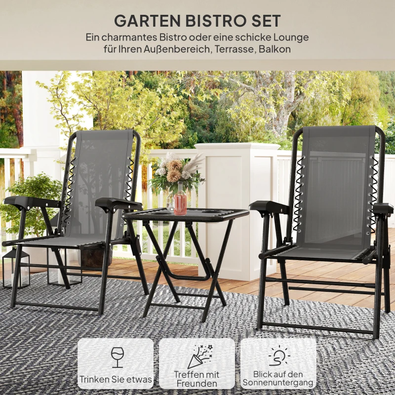 Outsunny Bistroset 3-delig van staal Weerbestendig Tuinmeubelset met opvouwbare Bistrotafel Bekerhouders Tuinstoelen Donkergrijs