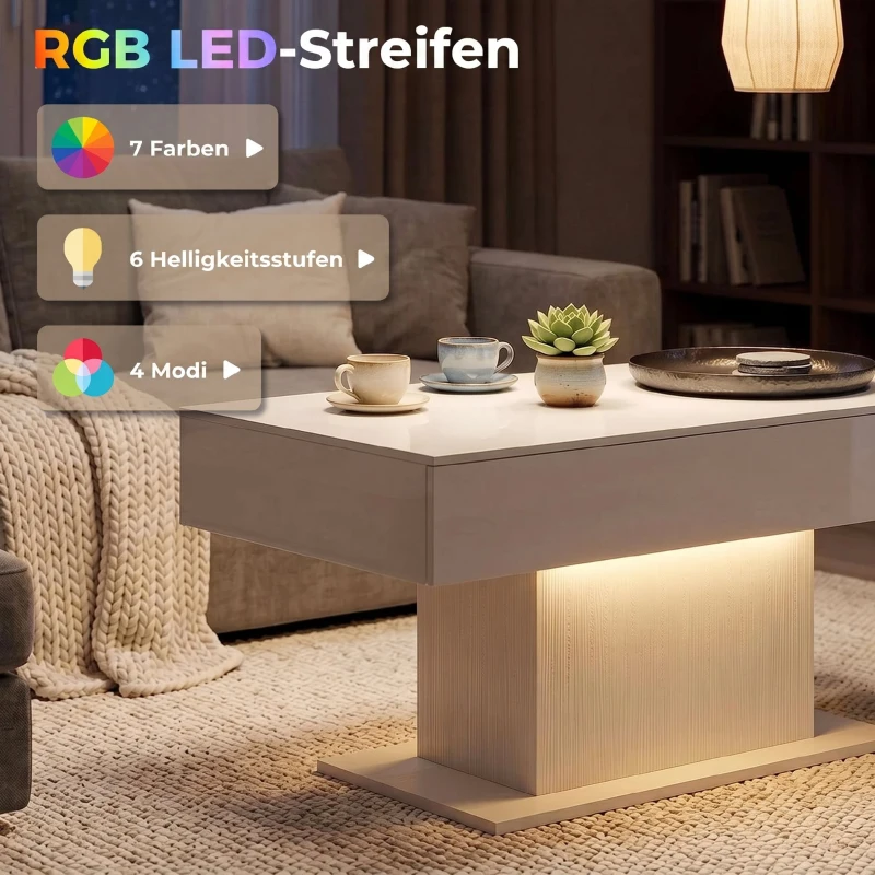 HOMCOM LED Salontafel met opbergruimte, hoogglans, modern, 2 lades & afstandsbediening, wit