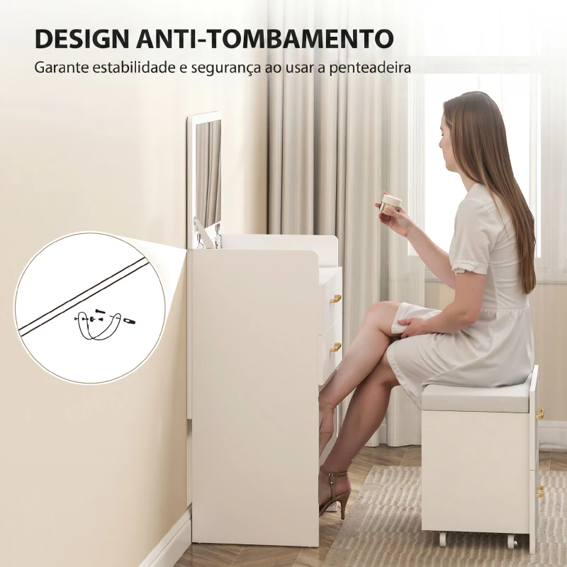 HOMCOM Toucador de Maquilhagem 3 em 1 com Banco Mesa de Maquilhagem com Espelho Gavetas e Bancada de Vidro Visível Toucador Moderno para Quarto 48x40x90 cm Branco