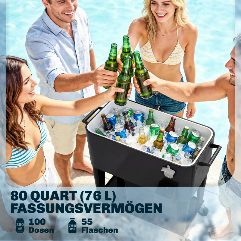 Outsunny Koelwagen met opbergruimte, afvoer, wielen en zwart design