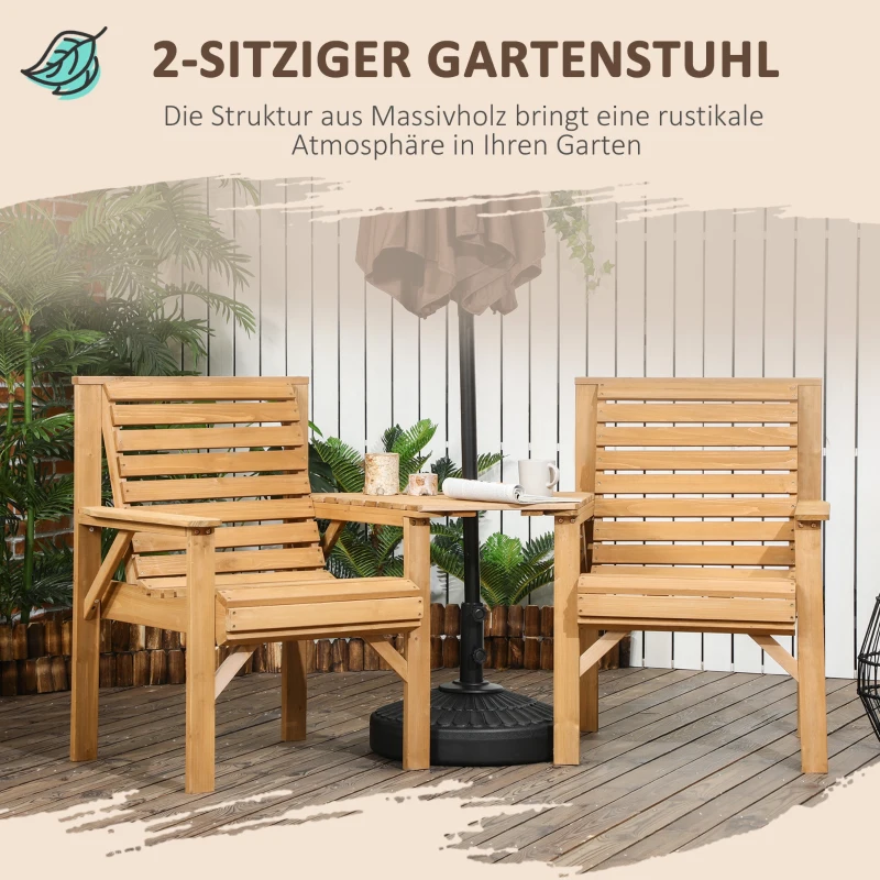 Outsunny Bistroset 3-delig van hout Weerbestendig Tuinmeubelset met Lamellenontwerp Parasolgat Bruin