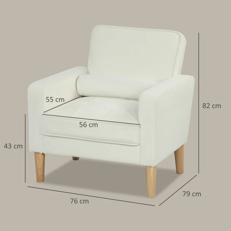 HOMCOM Fauteuil de salon en velours, canapé 1 place rembourré avec assise large, pour chambre, salon, petit espace, crème