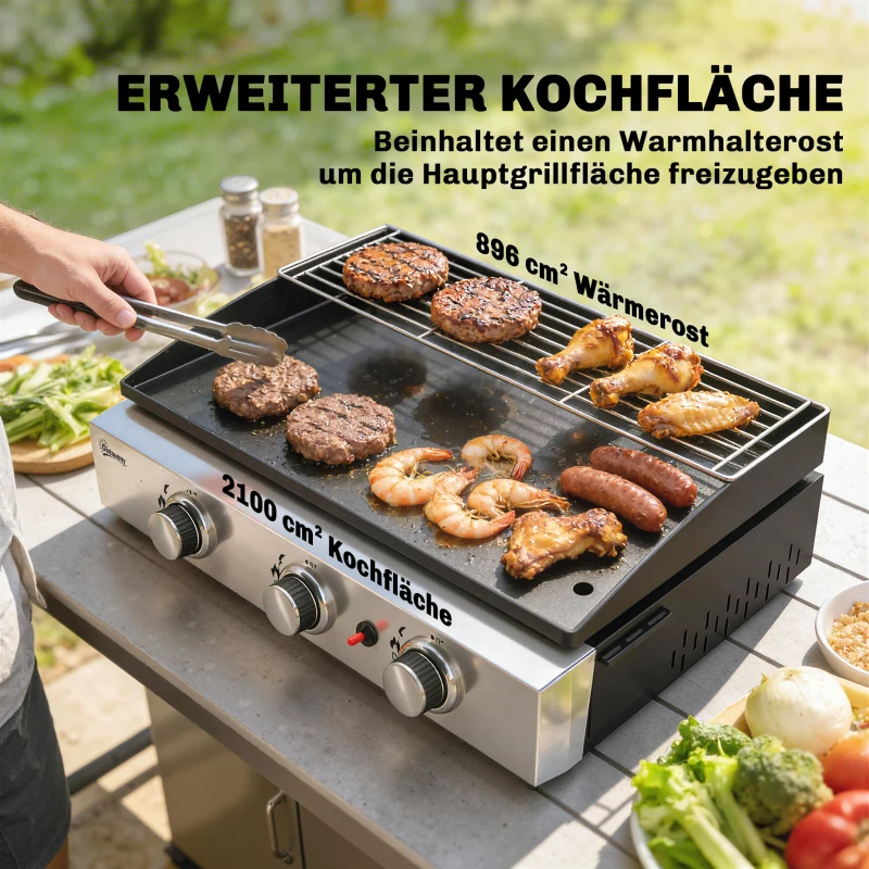 Outsunny Gasbarbecue 7,5 KW Draagbare Tafelbarbecue met 3 Branders Keramische Coating Grillrooster Warmhoudrek