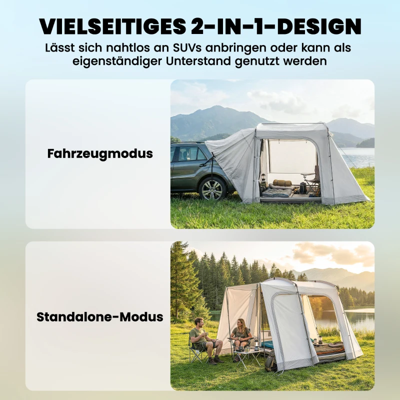 Outsunny Achtertent voor 2-4 personen, 320 x 280 x 205 cm 2-in-1 autotent waterdicht tunneltent met 4 deuren, raam en grondzeil
