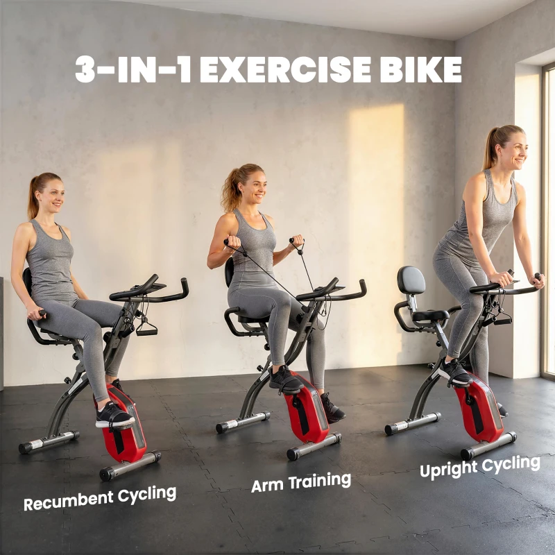 SPORTNOW 3-In-1 Folding Exercise Bike with Resistance Bands, Bluetooth App, 8-Level Magnetic Resistance, LCD Display, Red